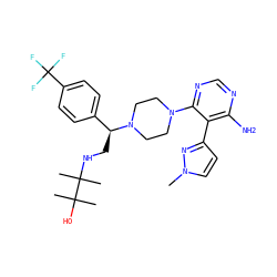 Cn1ccc(-c2c(N)ncnc2N2CCN([C@@H](CNC(C)(C)C(C)(C)O)c3ccc(C(F)(F)F)cc3)CC2)n1 ZINC000219307479