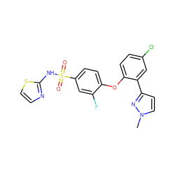 Cn1ccc(-c2cc(Cl)ccc2Oc2ccc(S(=O)(=O)Nc3nccs3)cc2F)n1 ZINC000095584099