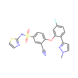 Cn1ccc(-c2ccc(F)cc2Oc2ccc(S(=O)(=O)Nc3nccs3)cc2C#N)n1 ZINC000095582900