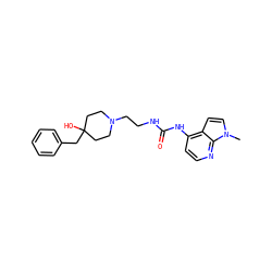 Cn1ccc2c(NC(=O)NCCN3CCC(O)(Cc4ccccc4)CC3)ccnc21 ZINC000221448486