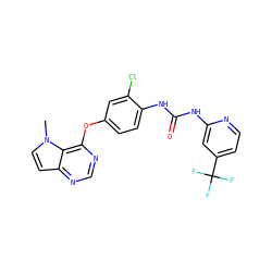 Cn1ccc2ncnc(Oc3ccc(NC(=O)Nc4cc(C(F)(F)F)ccn4)c(Cl)c3)c21 ZINC000043151764