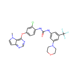 Cn1ccc2ncnc(Oc3ccc(NC(=O)Nc4cc(N5CCOCC5)cc(C(F)(F)F)c4)c(Cl)c3)c21 ZINC000064415775