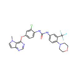 Cn1ccc2ncnc(Oc3ccc(NC(=O)Nc4ccc(N5CCOCC5)c(C(F)(F)F)c4)c(Cl)c3)c21 ZINC000064251826