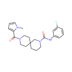 Cn1cccc1C(=O)N1CCC2(CCCN(C(=O)Nc3cccc(F)c3)C2)CC1 ZINC000003956204