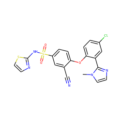 Cn1ccnc1-c1cc(Cl)ccc1Oc1ccc(S(=O)(=O)Nc2nccs2)cc1C#N ZINC000095582794