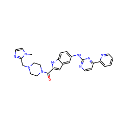 Cn1ccnc1CN1CCN(C(=O)c2cc3cc(Nc4nccc(-c5ccccn5)n4)ccc3[nH]2)CC1 ZINC000144214595