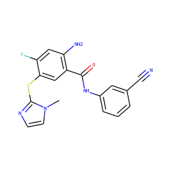Cn1ccnc1Sc1cc(C(=O)Nc2cccc(C#N)c2)c(N)cc1F ZINC000028871937