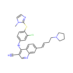 Cn1ccnc1Sc1ccc(Nc2c(C#N)cnc3cc(/C=C/CCN4CCCC4)ccc23)cc1Cl ZINC000040938517