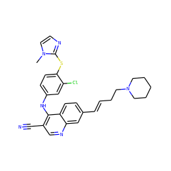 Cn1ccnc1Sc1ccc(Nc2c(C#N)cnc3cc(/C=C/CCN4CCCCC4)ccc23)cc1Cl ZINC000040938520