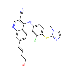 Cn1ccnc1Sc1ccc(Nc2c(C#N)cnc3cc(/C=C/CCO)ccc23)cc1Cl ZINC000040943304