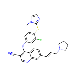 Cn1ccnc1Sc1ccc(Nc2c(C#N)cnc3cc(/C=C/CN4CCCC4)ccc23)cc1Cl ZINC000040943297