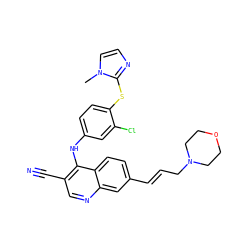 Cn1ccnc1Sc1ccc(Nc2c(C#N)cnc3cc(/C=C/CN4CCOCC4)ccc23)cc1Cl ZINC000040413516
