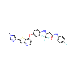 Cn1cnc(-c2cc3nccc(Oc4ccc(N[C@@H](CC(=O)Nc5ccc(F)cc5)C(F)(F)F)cc4)c3s2)c1 ZINC000049767398