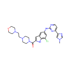 Cn1cnc(-c2ccnc(Nc3cc(Cl)c4[nH]c(C(=O)N5CCN(CCN6CCOCC6)CC5)cc4c3)n2)c1 ZINC000222324320