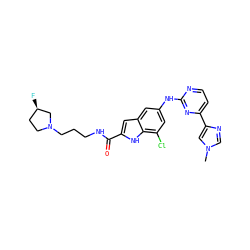 Cn1cnc(-c2ccnc(Nc3cc(Cl)c4[nH]c(C(=O)NCCCN5CC[C@@H](F)C5)cc4c3)n2)c1 ZINC000205652463