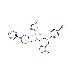 Cn1cnc(S(=O)(=O)N(CCN(Cc2cncn2C)c2ccc(C#N)cn2)CC2CCN(c3ncccn3)CC2)c1 ZINC000064548590