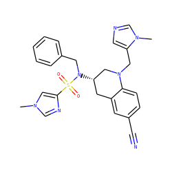 Cn1cnc(S(=O)(=O)N(Cc2ccccc2)[C@H]2Cc3cc(C#N)ccc3N(Cc3cncn3C)C2)c1 ZINC000013644630