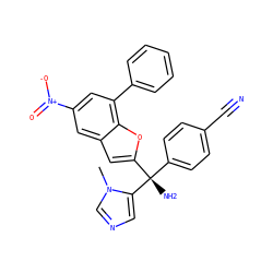 Cn1cncc1[C@@](N)(c1ccc(C#N)cc1)c1cc2cc([N+](=O)[O-])cc(-c3ccccc3)c2o1 ZINC000003820260