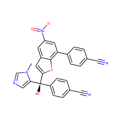 Cn1cncc1[C@@](O)(c1ccc(C#N)cc1)c1cc2cc([N+](=O)[O-])cc(-c3ccc(C#N)cc3)c2o1 ZINC000040836687