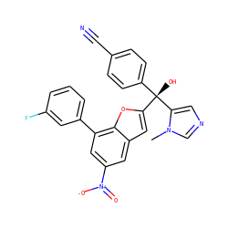 Cn1cncc1[C@@](O)(c1ccc(C#N)cc1)c1cc2cc([N+](=O)[O-])cc(-c3cccc(F)c3)c2o1 ZINC000040980784