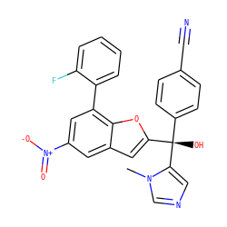 Cn1cncc1[C@@](O)(c1ccc(C#N)cc1)c1cc2cc([N+](=O)[O-])cc(-c3ccccc3F)c2o1 ZINC000040409224