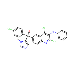 Cn1cncc1[C@@](O)(c1ccc(Cl)cc1)c1ccc2nc(Cl)c(Nc3ccccc3)c(Cl)c2c1 ZINC000219711391