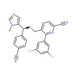 Cn1cncc1[C@@H](OCc1ccc(C#N)nc1-c1cc(Cl)cc(Cl)c1)c1ccc(C#N)cc1 ZINC000013489620