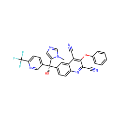 Cn1cncc1[C@](O)(c1ccc(C(F)(F)F)nc1)c1ccc2nc(C#N)c(Oc3ccccc3)c(C#N)c2c1 ZINC001772601881