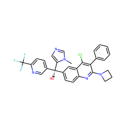 Cn1cncc1[C@](O)(c1ccc(C(F)(F)F)nc1)c1ccc2nc(N3CCC3)c(-c3ccccc3)c(Cl)c2c1 ZINC001772599865