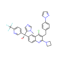 Cn1cncc1[C@](O)(c1ccc(C(F)(F)F)nc1)c1ccc2nc(N3CCC3)c(Cc3ccc(-n4cccn4)cc3)c(Cl)c2c1 ZINC000219545165