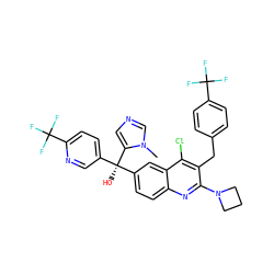 Cn1cncc1[C@](O)(c1ccc(C(F)(F)F)nc1)c1ccc2nc(N3CCC3)c(Cc3ccc(C(F)(F)F)cc3)c(Cl)c2c1 ZINC000219570574