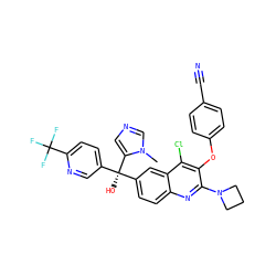 Cn1cncc1[C@](O)(c1ccc(C(F)(F)F)nc1)c1ccc2nc(N3CCC3)c(Oc3ccc(C#N)cc3)c(Cl)c2c1 ZINC000219801332