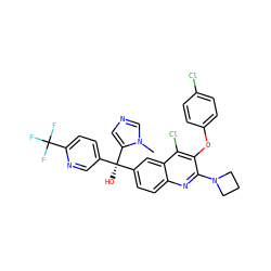 Cn1cncc1[C@](O)(c1ccc(C(F)(F)F)nc1)c1ccc2nc(N3CCC3)c(Oc3ccc(Cl)cc3)c(Cl)c2c1 ZINC000217062320