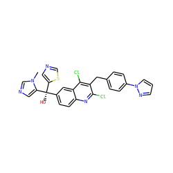 Cn1cncc1[C@](O)(c1ccc2nc(Cl)c(Cc3ccc(-n4cccn4)cc3)c(Cl)c2c1)c1cncs1 ZINC001772654599