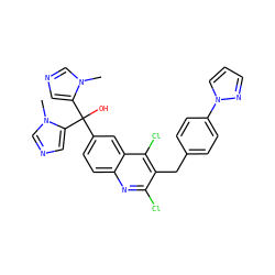 Cn1cncc1C(O)(c1ccc2nc(Cl)c(Cc3ccc(-n4cccn4)cc3)c(Cl)c2c1)c1cncn1C ZINC000219585655