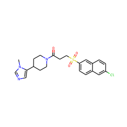 Cn1cncc1C1CCN(C(=O)CCS(=O)(=O)c2ccc3cc(Cl)ccc3c2)CC1 ZINC000042878283