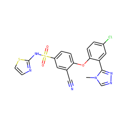 Cn1cnnc1-c1cc(Cl)ccc1Oc1ccc(S(=O)(=O)Nc2nccs2)cc1C#N ZINC000095583956