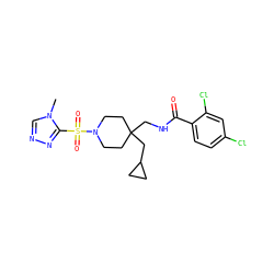 Cn1cnnc1S(=O)(=O)N1CCC(CNC(=O)c2ccc(Cl)cc2Cl)(CC2CC2)CC1 ZINC000040410694