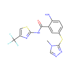 Cn1cnnc1Sc1ccc(N)c(C(=O)Nc2nc(C(F)(F)F)cs2)c1 ZINC000045506348