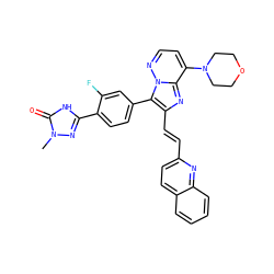 Cn1nc(-c2ccc(-c3c(/C=C/c4ccc5ccccc5n4)nc4c(N5CCOCC5)ccnn34)cc2F)[nH]c1=O ZINC001772581323