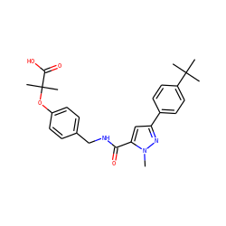 Cn1nc(-c2ccc(C(C)(C)C)cc2)cc1C(=O)NCc1ccc(OC(C)(C)C(=O)O)cc1 ZINC000040847207
