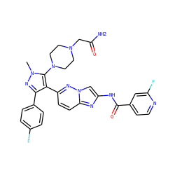 Cn1nc(-c2ccc(F)cc2)c(-c2ccc3nc(NC(=O)c4ccnc(F)c4)cn3n2)c1N1CCN(CC(N)=O)CC1 ZINC000220044432