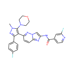 Cn1nc(-c2ccc(F)cc2)c(-c2ccc3nc(NC(=O)c4ccnc(F)c4)cn3n2)c1N1CCOCC1 ZINC000220064631