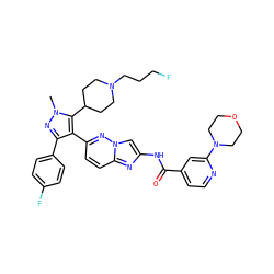 Cn1nc(-c2ccc(F)cc2)c(-c2ccc3nc(NC(=O)c4ccnc(N5CCOCC5)c4)cn3n2)c1C1CCN(CCCF)CC1 ZINC000220144792