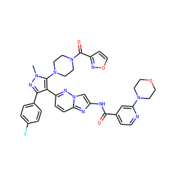 Cn1nc(-c2ccc(F)cc2)c(-c2ccc3nc(NC(=O)c4ccnc(N5CCOCC5)c4)cn3n2)c1N1CCN(C(=O)c2ccon2)CC1 ZINC000209696118