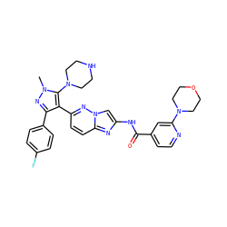 Cn1nc(-c2ccc(F)cc2)c(-c2ccc3nc(NC(=O)c4ccnc(N5CCOCC5)c4)cn3n2)c1N1CCNCC1 ZINC001772588339