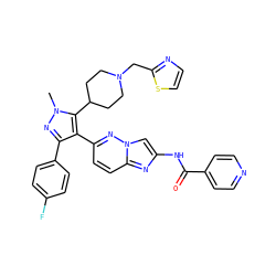 Cn1nc(-c2ccc(F)cc2)c(-c2ccc3nc(NC(=O)c4ccncc4)cn3n2)c1C1CCN(Cc2nccs2)CC1 ZINC001772613652