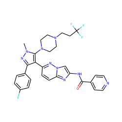 Cn1nc(-c2ccc(F)cc2)c(-c2ccc3nc(NC(=O)c4ccncc4)cn3n2)c1N1CCN(CCC(F)(F)F)CC1 ZINC000209695981