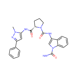 Cn1nc(-c2ccccc2)cc1NC(=O)[C@@H]1CCCN1C(=O)Nc1cn(C(N)=O)c2ccccc12 ZINC000148382822
