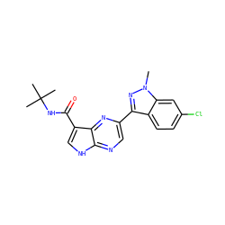 Cn1nc(-c2cnc3[nH]cc(C(=O)NC(C)(C)C)c3n2)c2ccc(Cl)cc21 ZINC000095602853